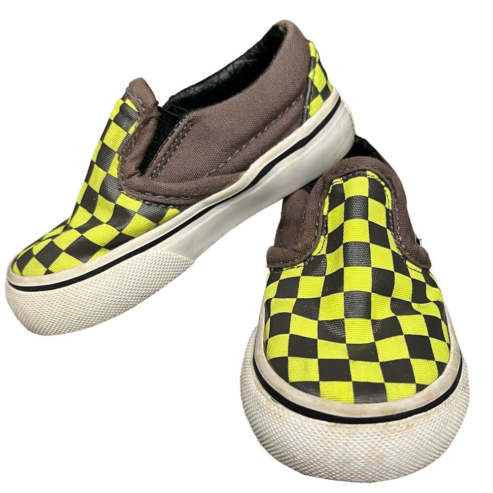 Vans Toddler 4.5 Checkered Black & Green Skater Slip On Shoes